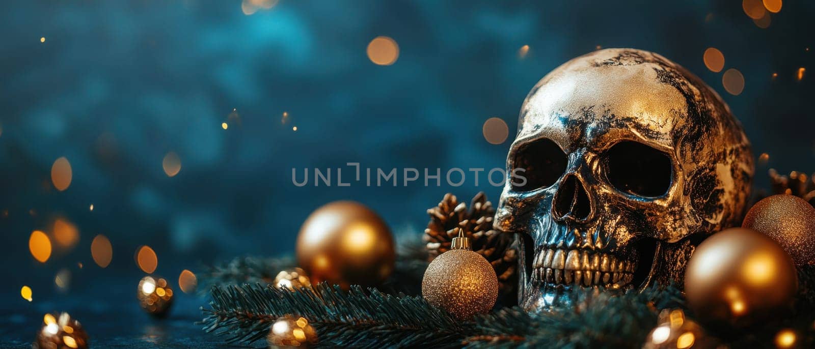 A beautifully crafted skull sits amidst golden ornaments and pinecones creating a striking centerpiece for winter festivities and celebrations.
