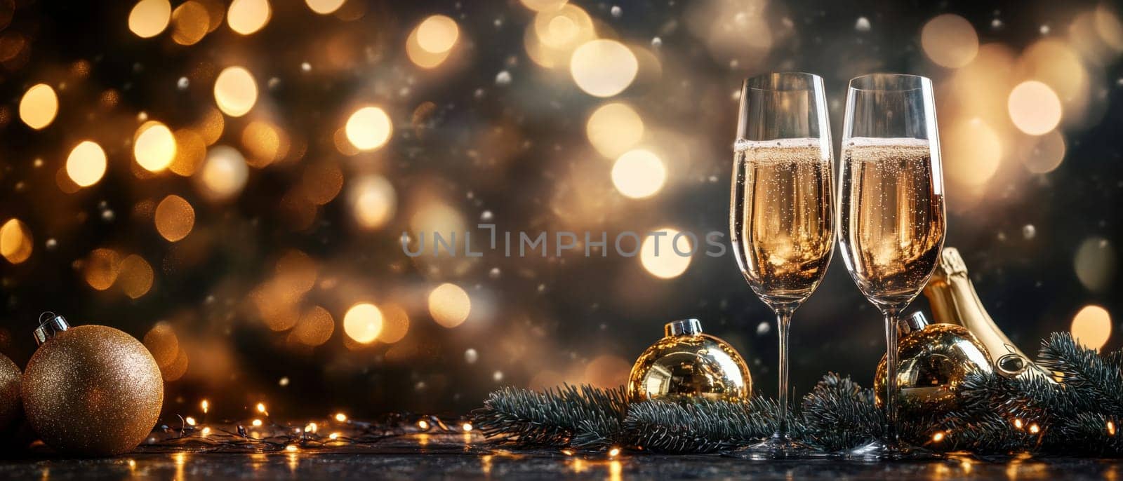 Two glasses of sparkling champagne sit on a festive table adorned with golden ornaments celebrating New Years Eve under glowing lights.