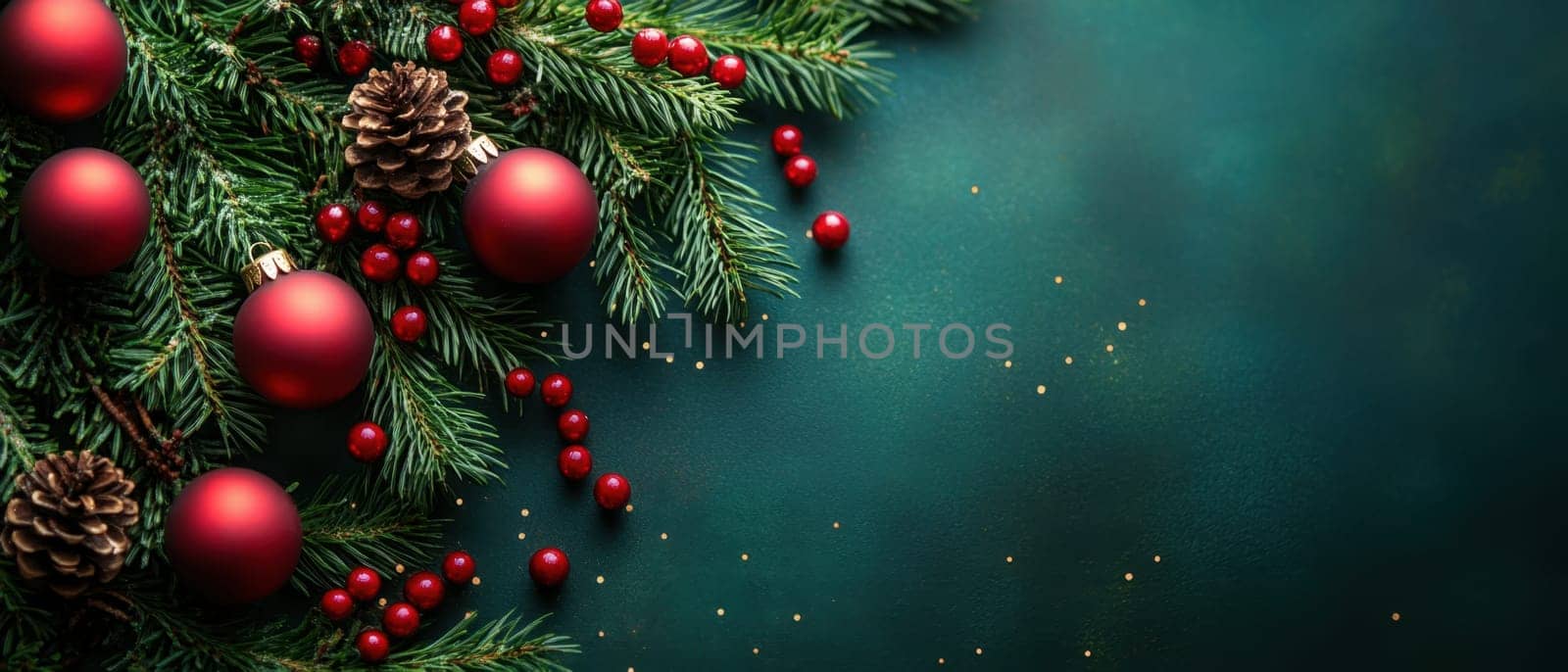 Green pine branches adorned with red ornaments and pine cones create a festive atmosphere perfect for holiday celebrations.
