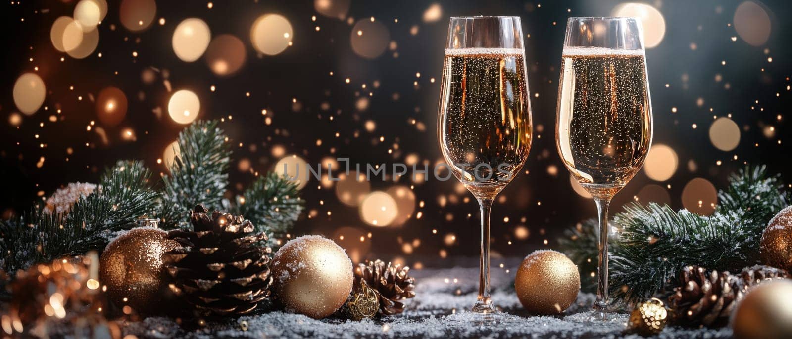 Two glasses filled with sparkling beverage stand surrounded by festive decorations during a holiday celebration with lights in the background.