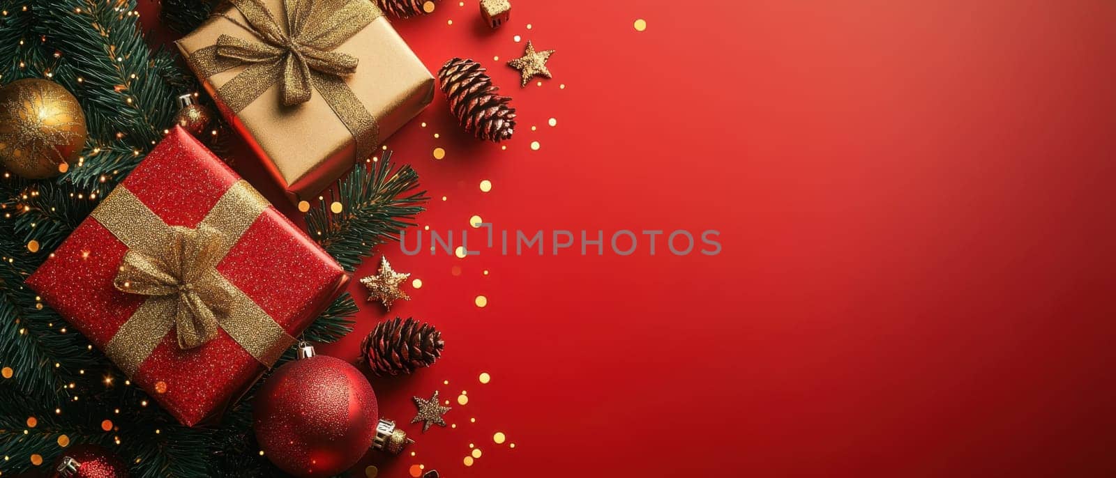 Colorful wrapped presents with ribbons are surrounded by pinecones and festive ornaments on a bright red backdrop perfect for holiday celebrations.
