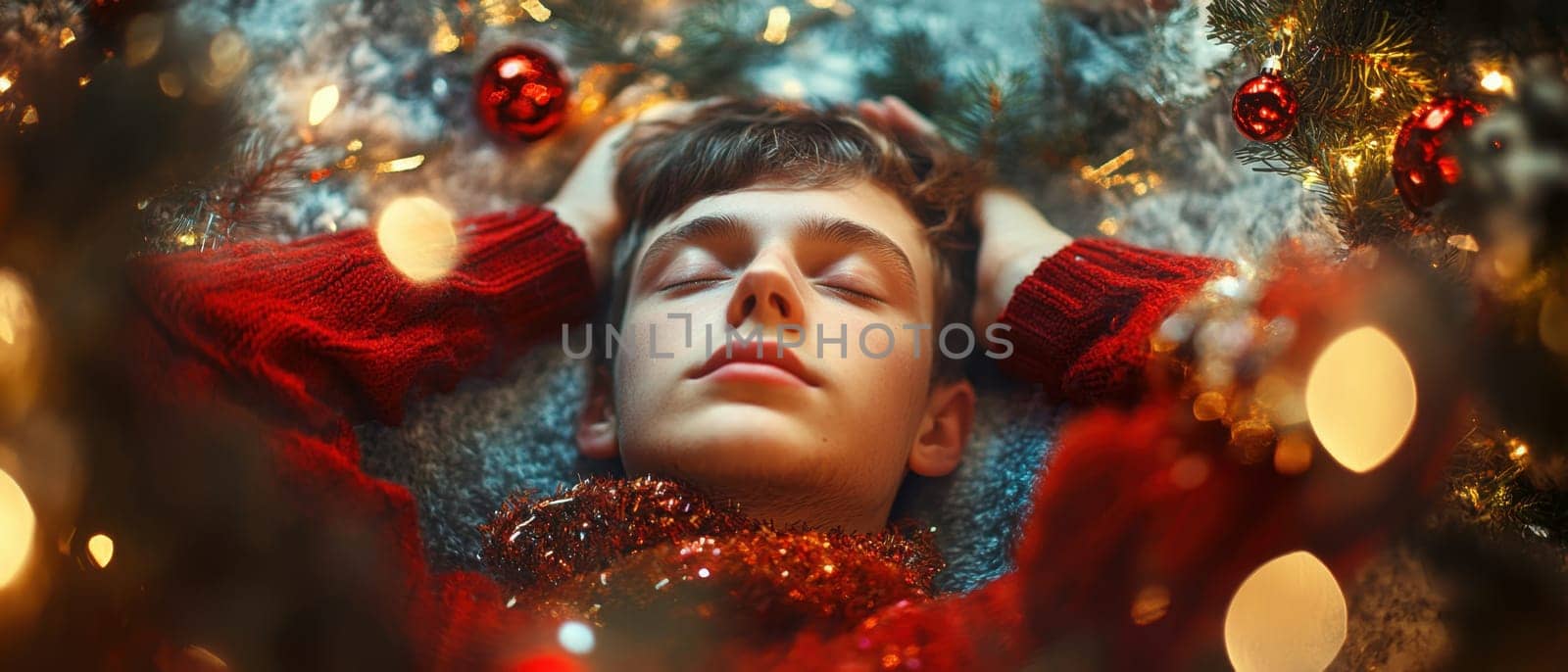 A young person relaxes on a cozy carpet wrapped in festive decorations amid soft glowing lights and Christmas ornaments.