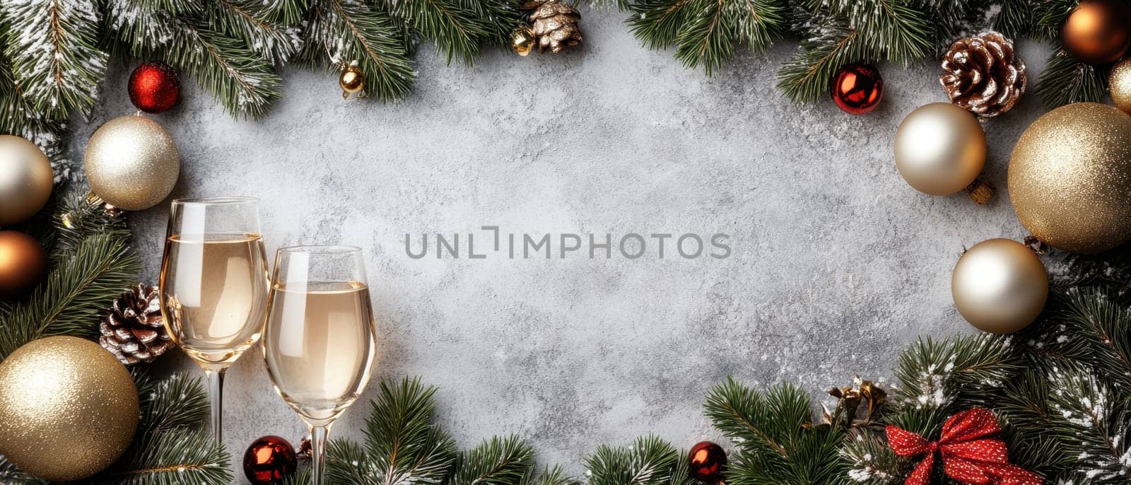 Two glasses of champagne are placed among festive decorations creating a cheerful atmosphere for New Years celebration.