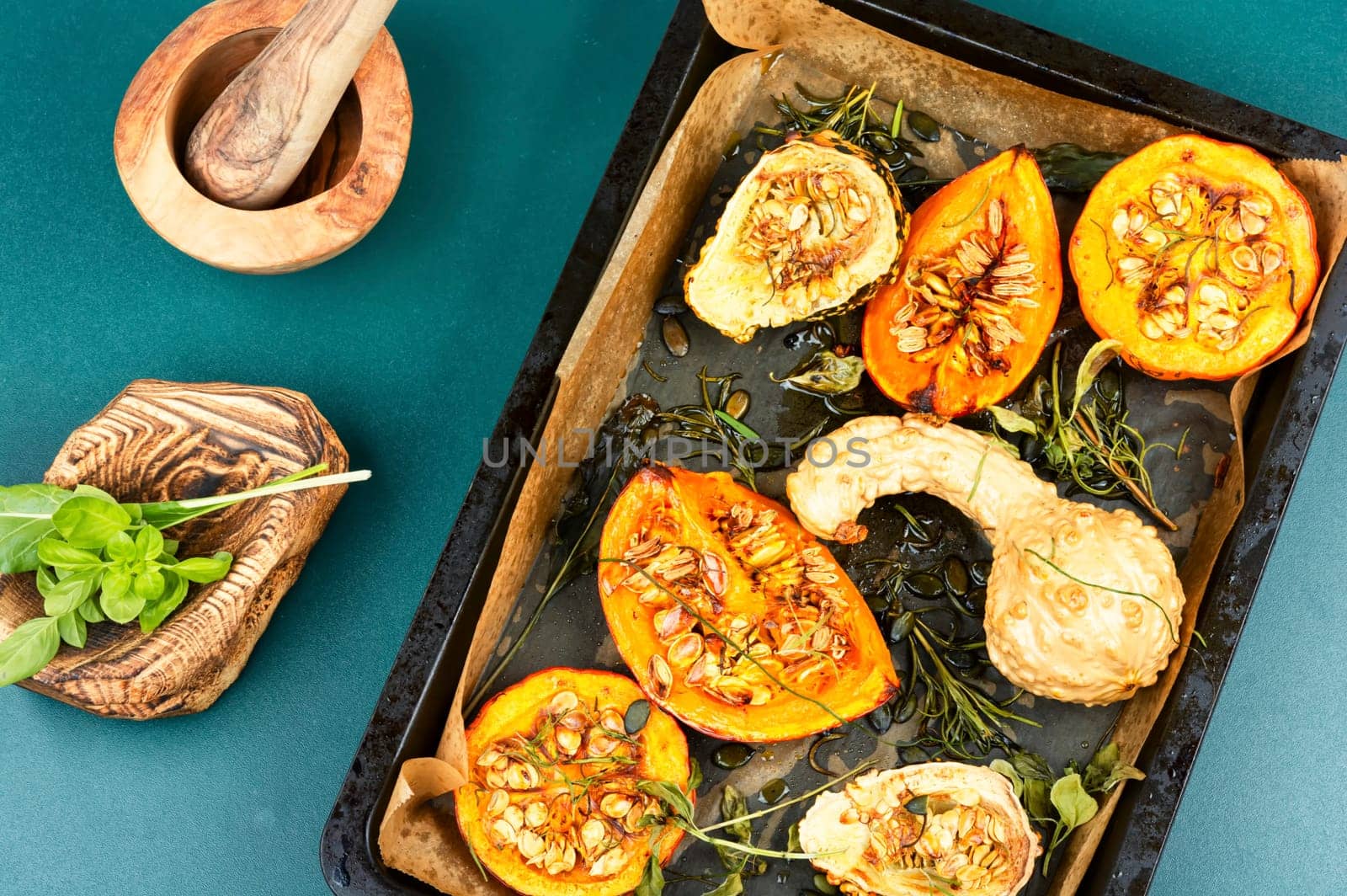 Freshly baked and juicy of pumpkin. Homemade roasted acorn squash
