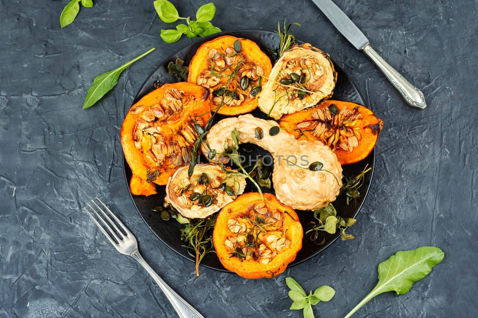 Freshly baked and juicy of pumpkin. Homemade roasted acorn squash