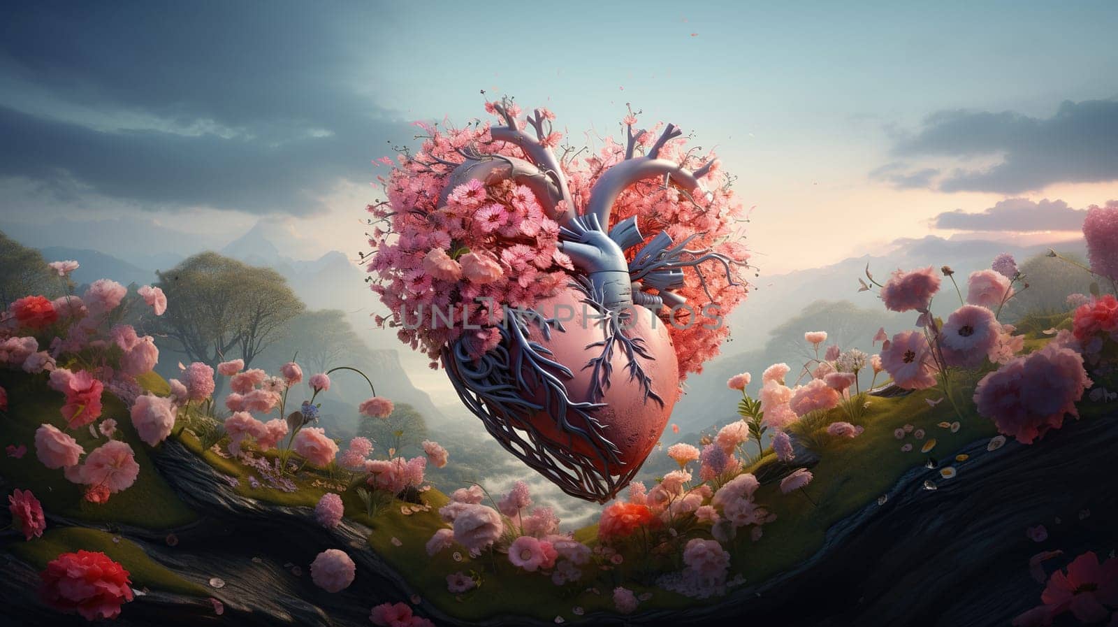 Valentines day whimsical surreal heart in full pink bloom spring landscape. AI Generated content