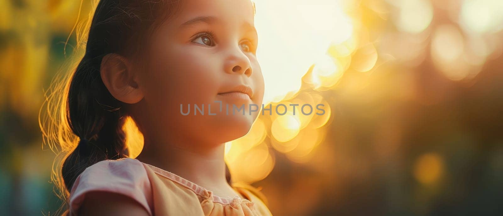 Portrait of a young girl gazing upward with a thoughtful expression, bathed in the warm, golden light of sunset