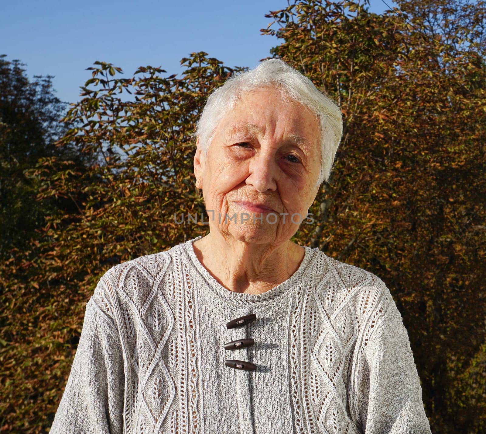 Portrait of beautiful senior woman posing in autumn park
