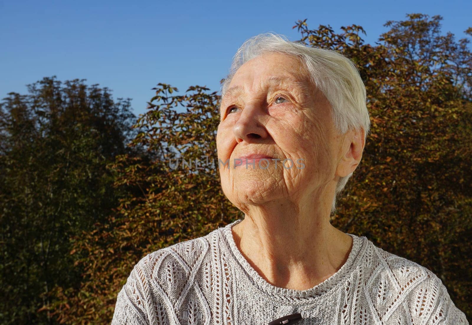 Portrait of beautiful senior woman posing in autumn park