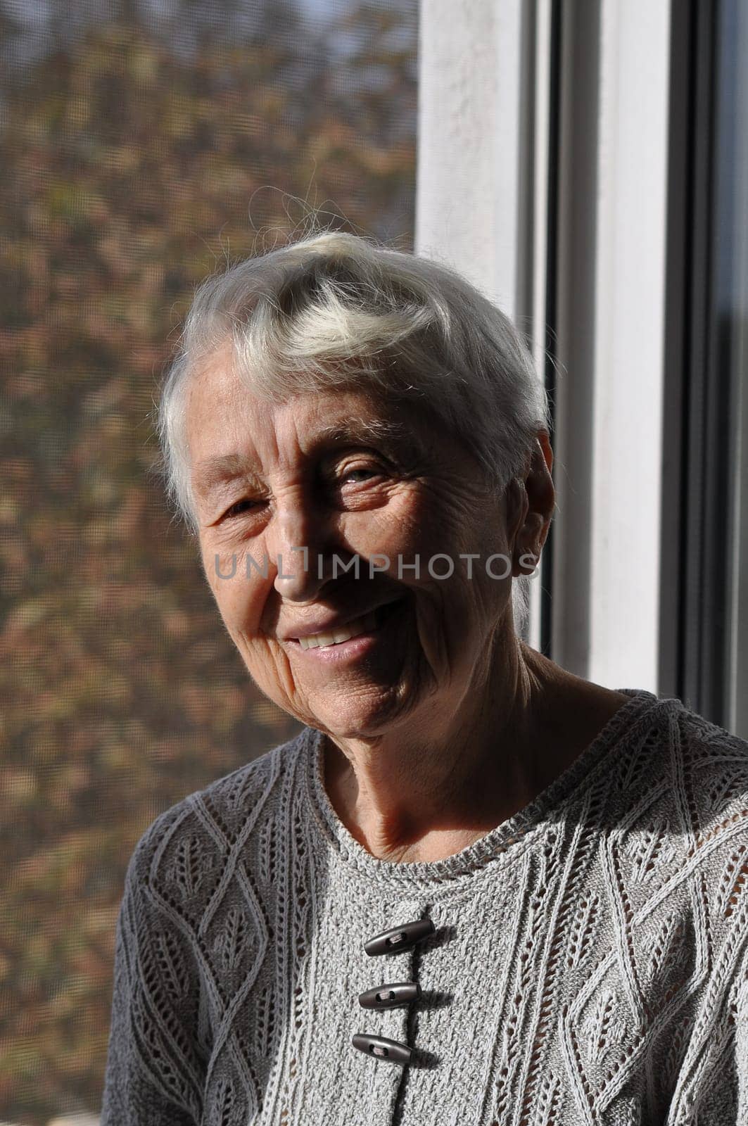 Portrait of elderly woman near window, Grandmother smiling