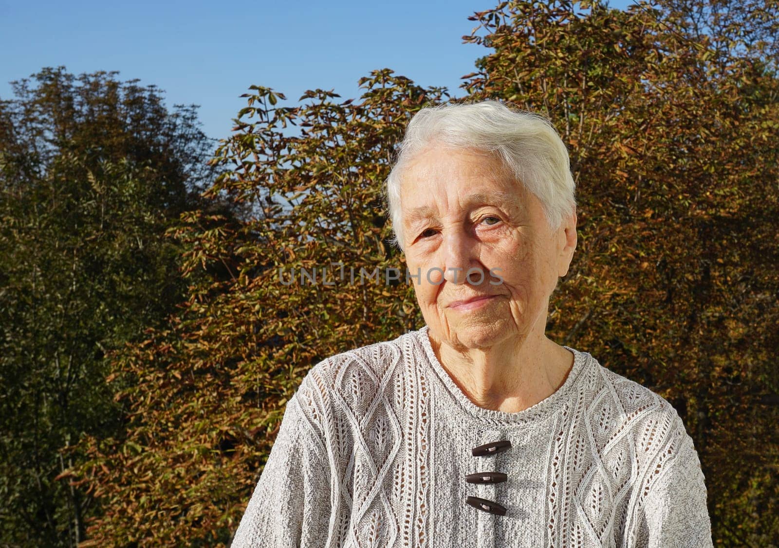 Portrait of beautiful senior woman posing in autumn park