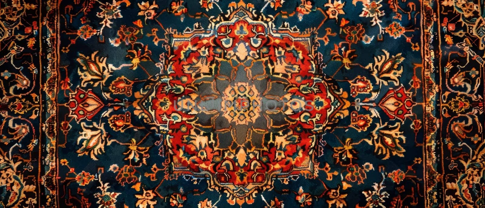 Elegant Persian rug featuring a detailed, golden motif against a dark backdrop, ideal for luxury and design topics