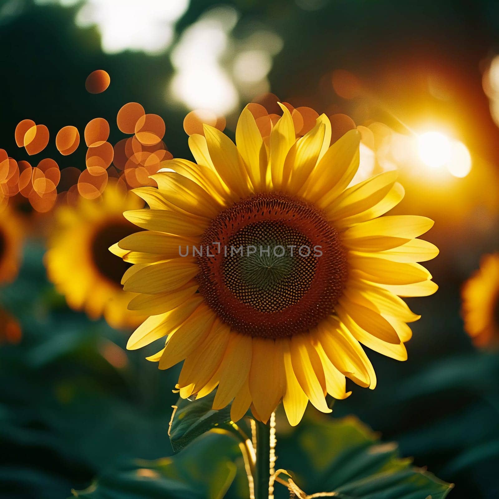 Sunflowers in a field of agriculture at sunset. Sunflower landscape flower concept. Field of sunflowers and flowers. Agriculture lifestyle at sunset. AI.