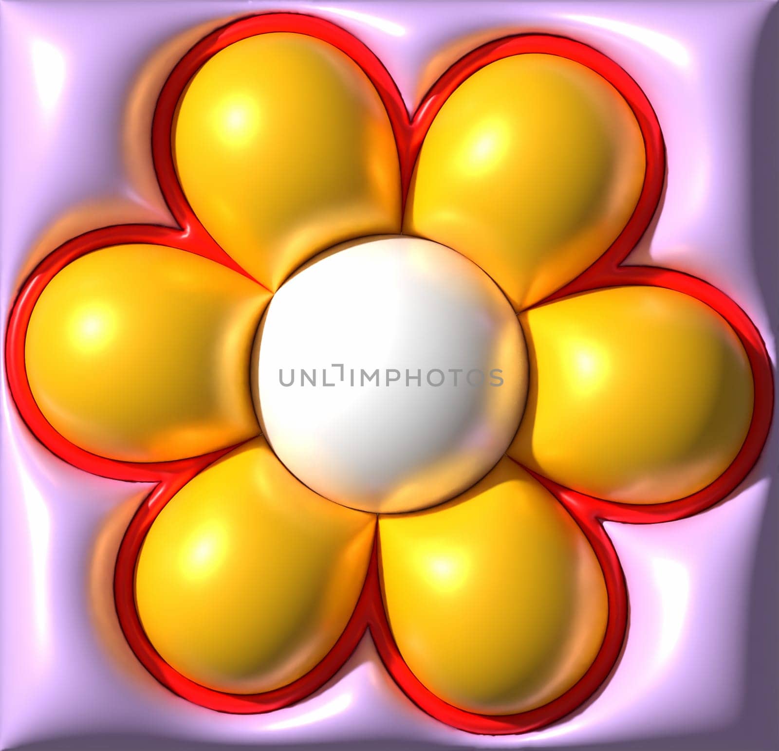 Decorative element in the form of a flower with yellow petals and a white center on a purple background. The flower has a three-dimensional appearance, 3D rendering illustration