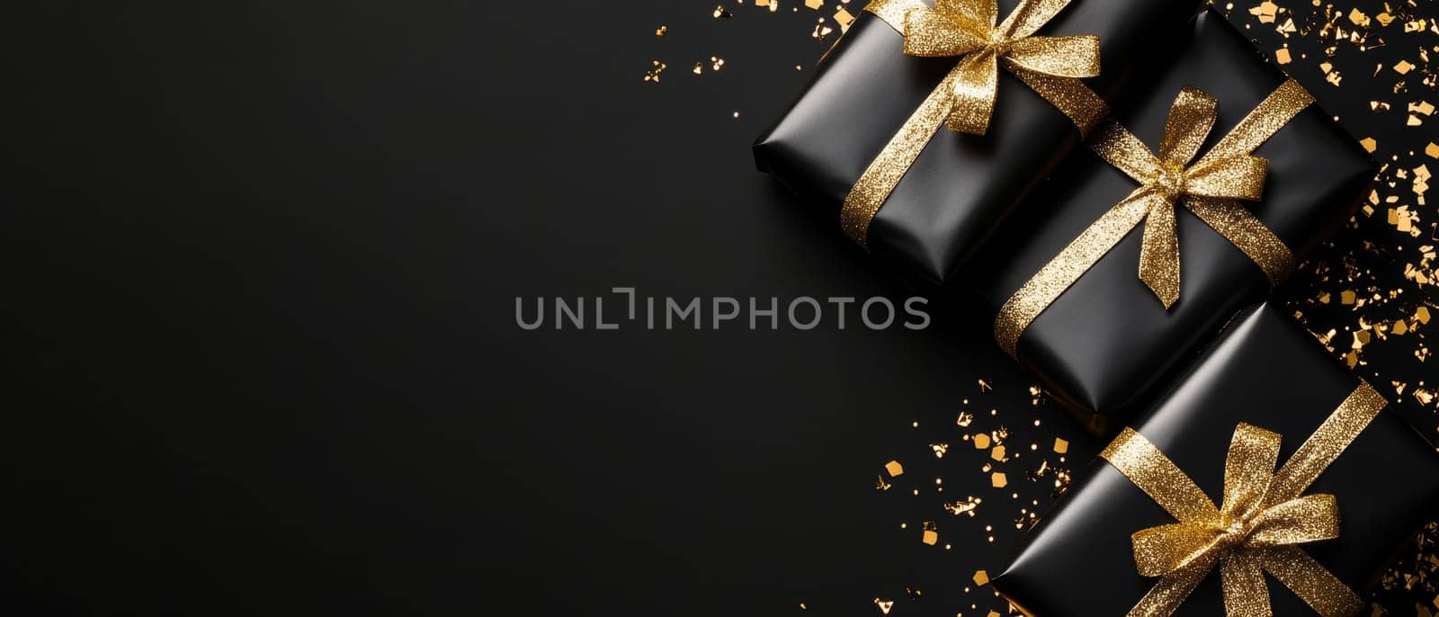 Luxurious black gift boxes with shimmering gold ribbons on a dark background, perfect for special occasions and copy space.