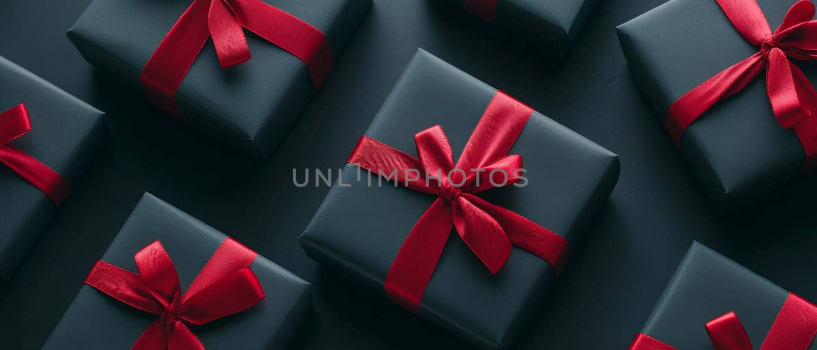 Dark gift boxes adorned with red ribbons arranged neatly, epitomizing elegance and sophistication for any special occasion.