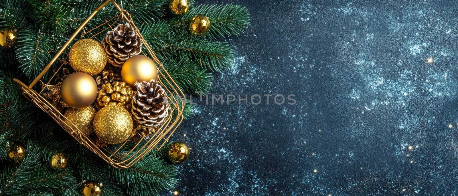 Basket filled with golden Christmas ornaments and pine cones, set against a starry background with copy space.