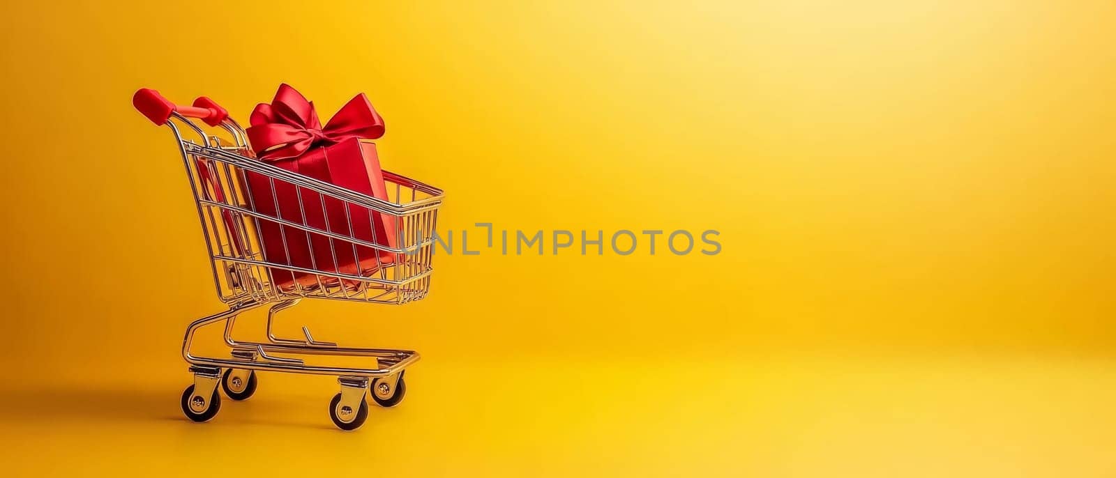 A vibrant red gift box with a bow sits in a shopping cart against a yellow background, showcasing copy space. Black Friday sale concept with empty place for text.