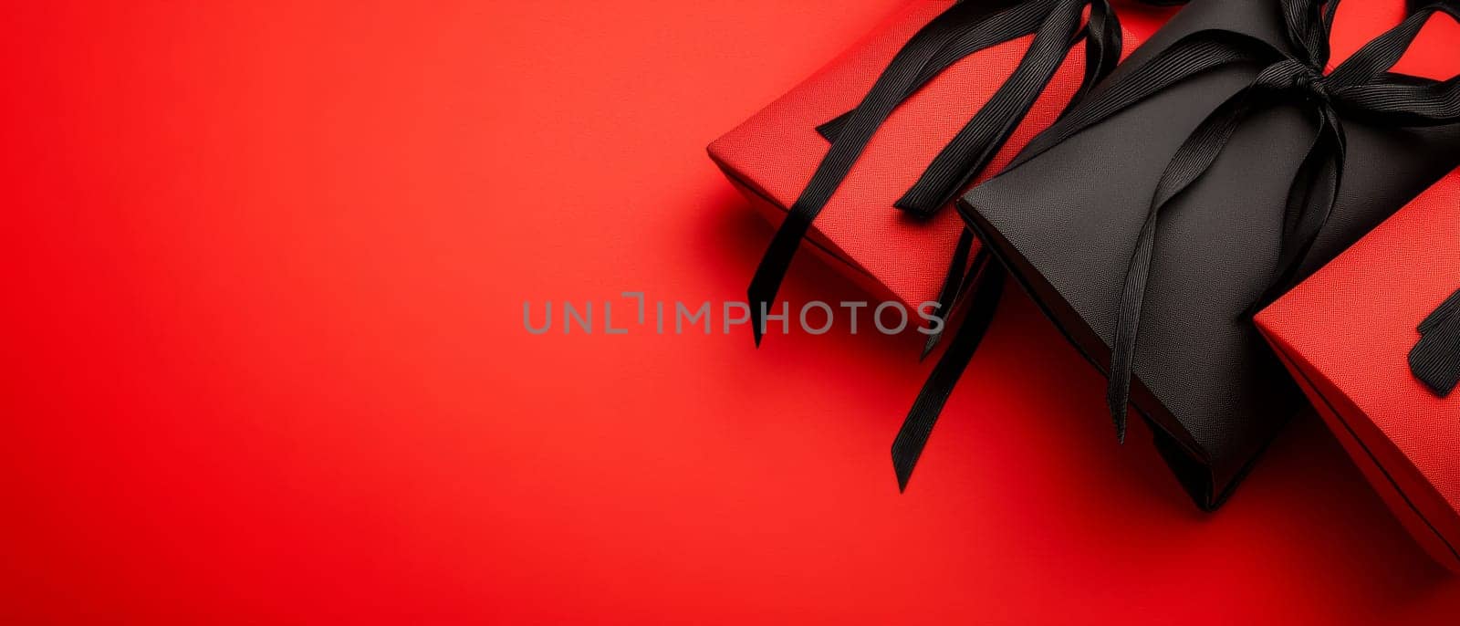 Black and red gift boxes with black ribbons on a vibrant red background, ideal for festive celebrations and copy space.