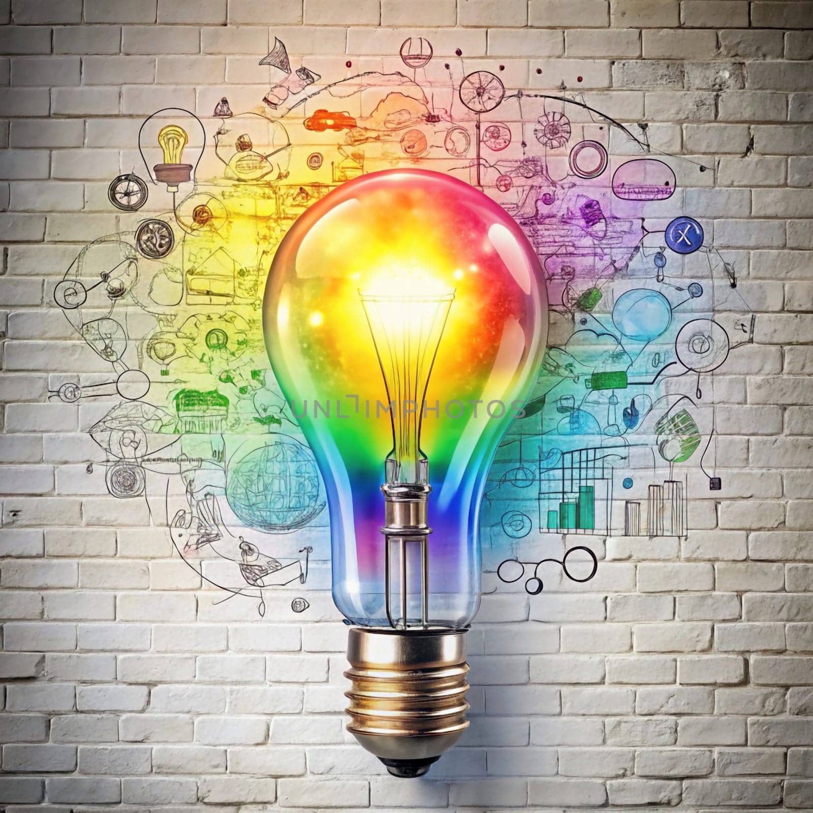 A light bulb with a rainbow-colored exterior is illuminated, symbolizing creativity, innovation, and new ideas. It is set against a white brick wall with various hand-drawn sketches of ideas and concepts around it. High quality photo