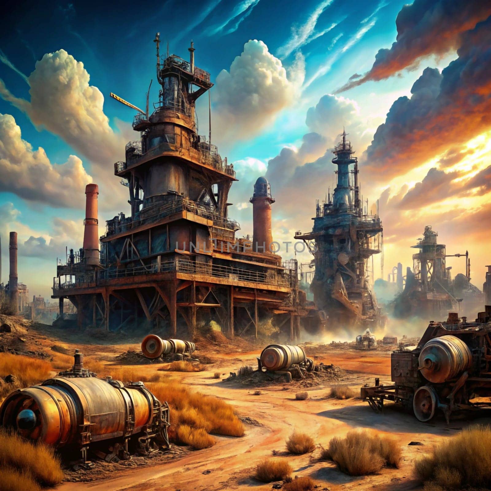 A landscape of a post-apocalyptic world, with rusty industrial structures, abandoned vehicles, and a dry, barren landscape. High quality photo