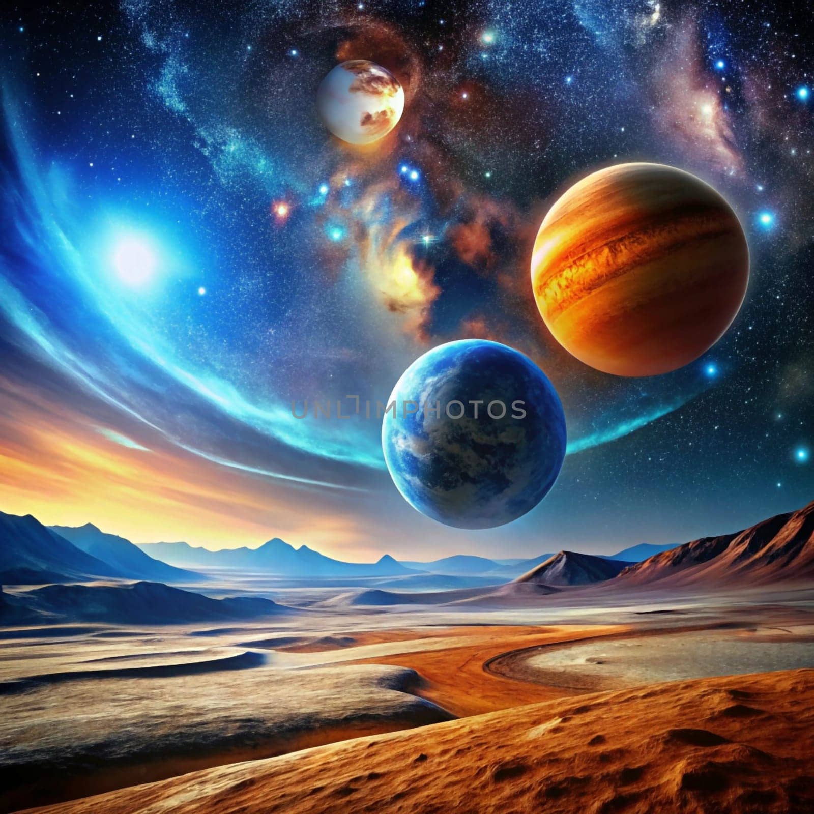 A fantastical landscape with a desert-like terrain, a mountain range in the distance, and three planets in the sky, representing an alien world or a dream-like setting. High quality photo