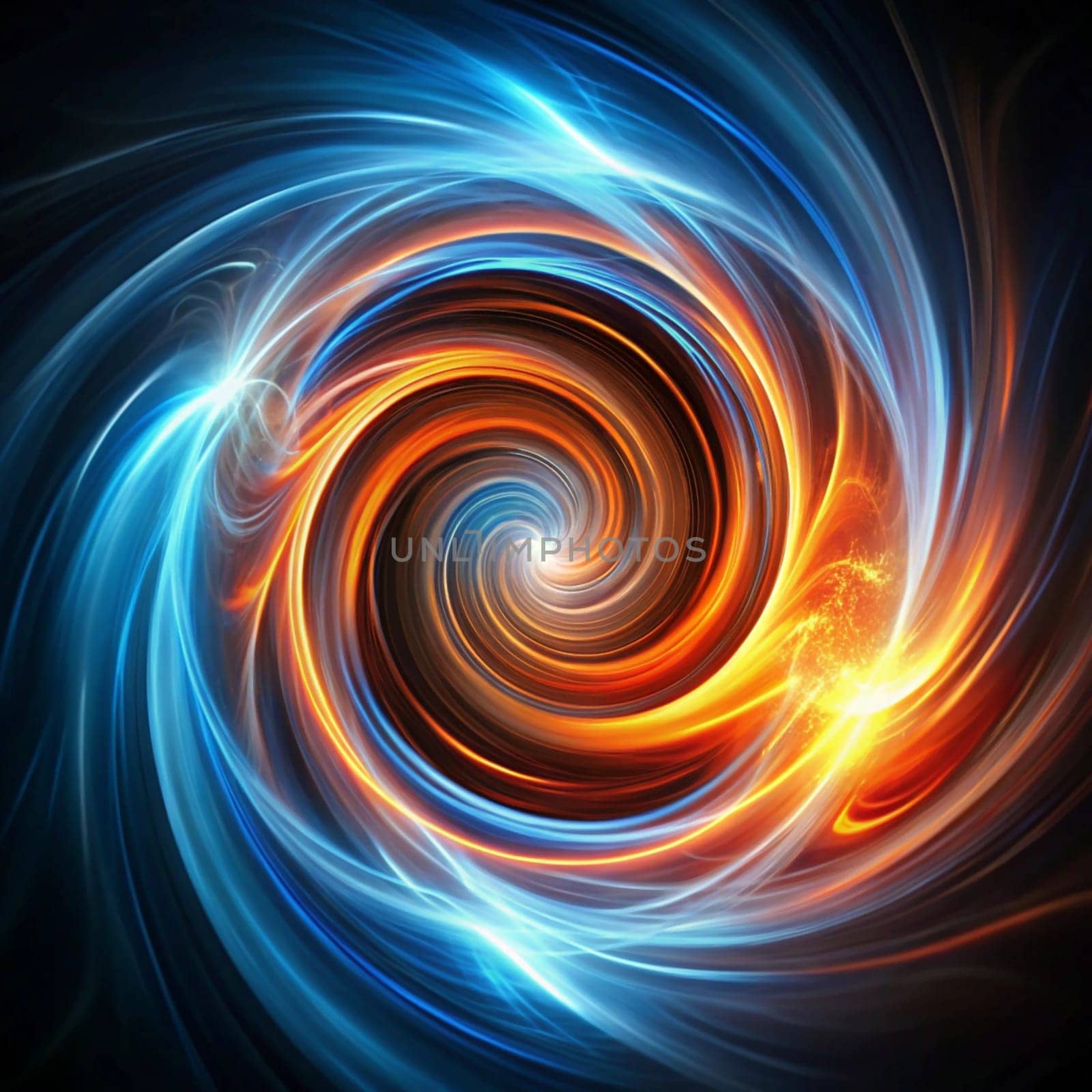 An abstract image of a swirling vortex of colors, with a central black hole surrounded by blue and orange light. It represents a celestial phenomenon, a powerful energy source, or a symbolic representation of the unknown. High quality photo
