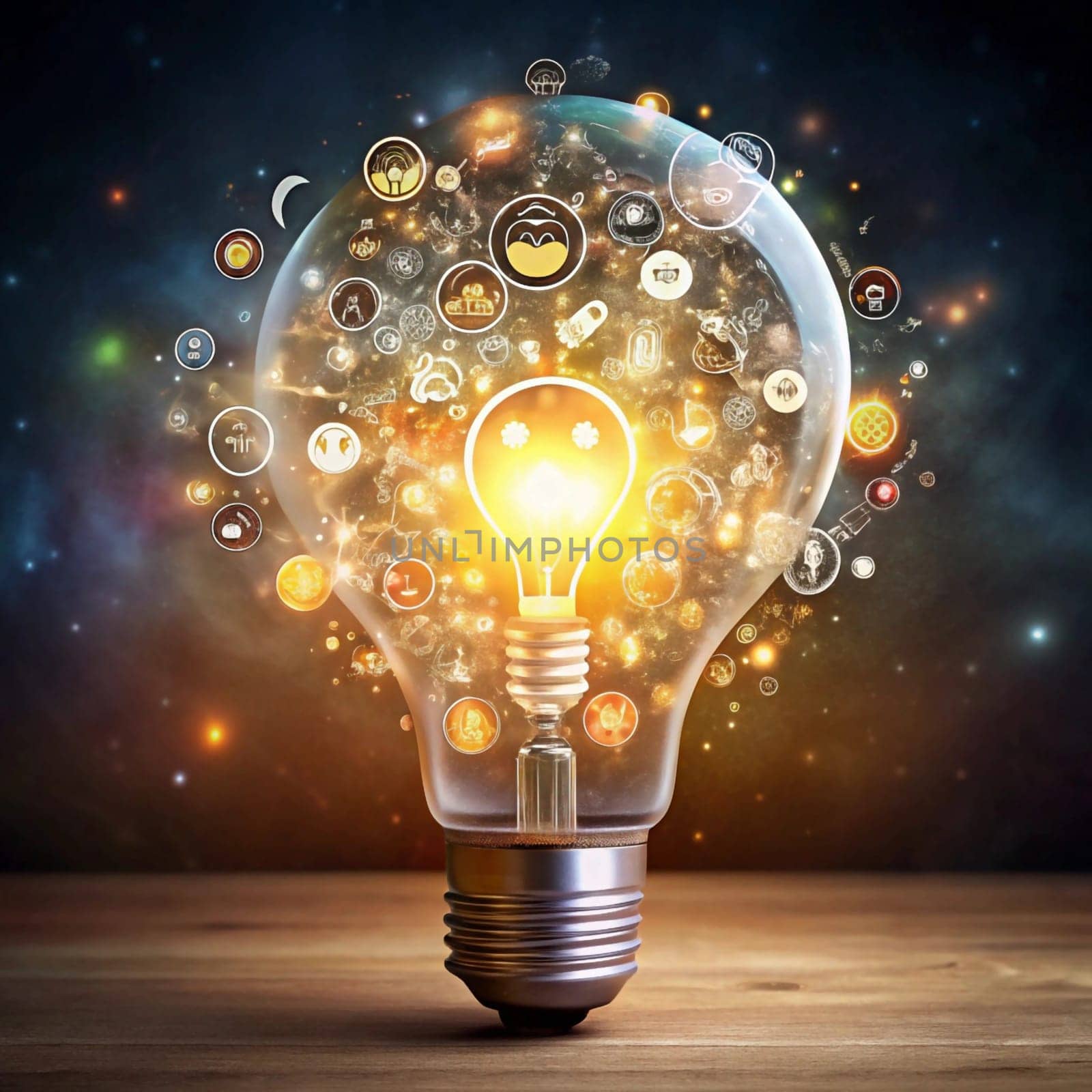 A light bulb with a glowing filament, surrounded by various icons and symbols representing ideas, creativity, and innovation. High quality photo