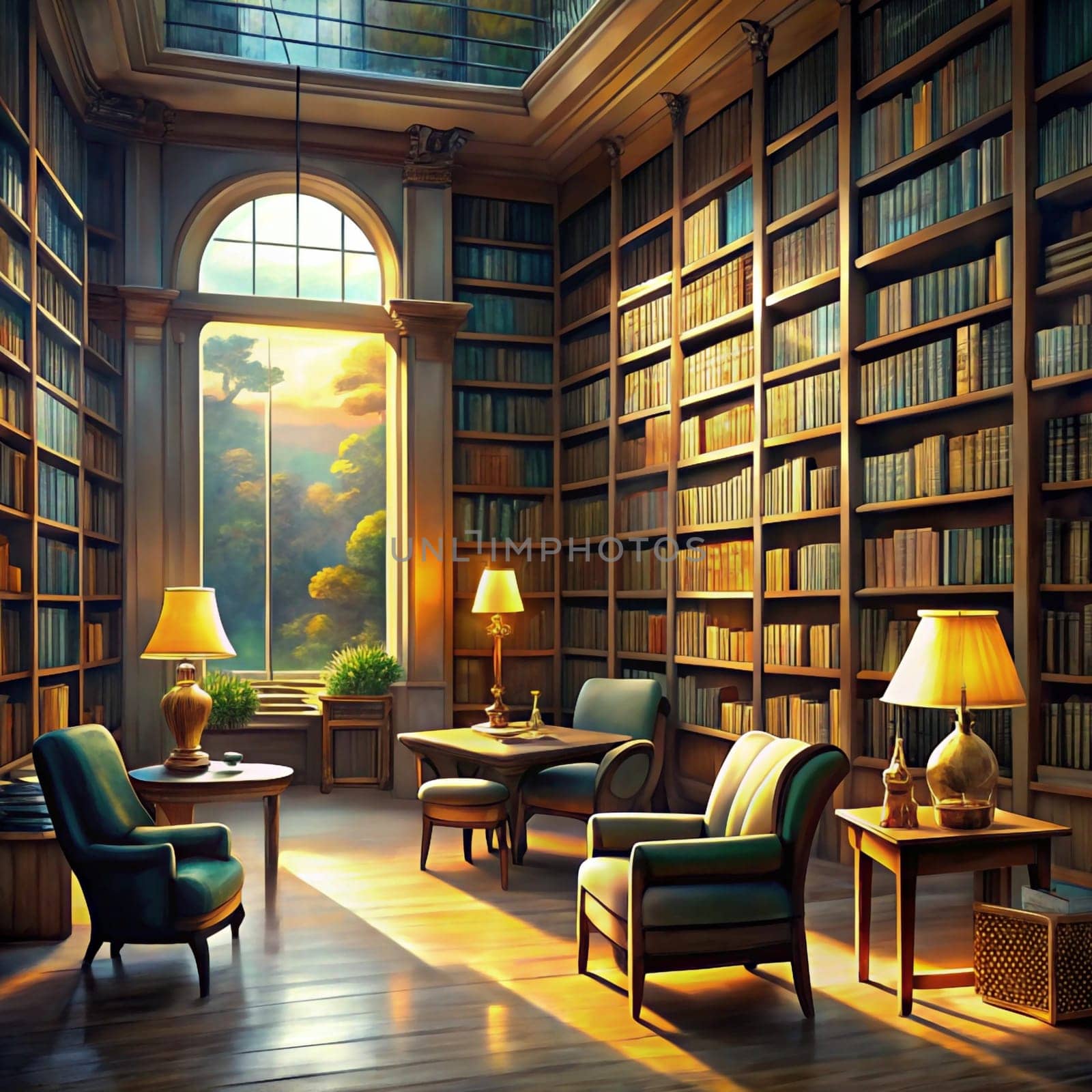 An interior illustration of a grand library with a large arched window overlooking a lush garden. The room is filled with bookshelves and comfortable armchairs, creating a peaceful and inspiring atmosphere. High quality photo