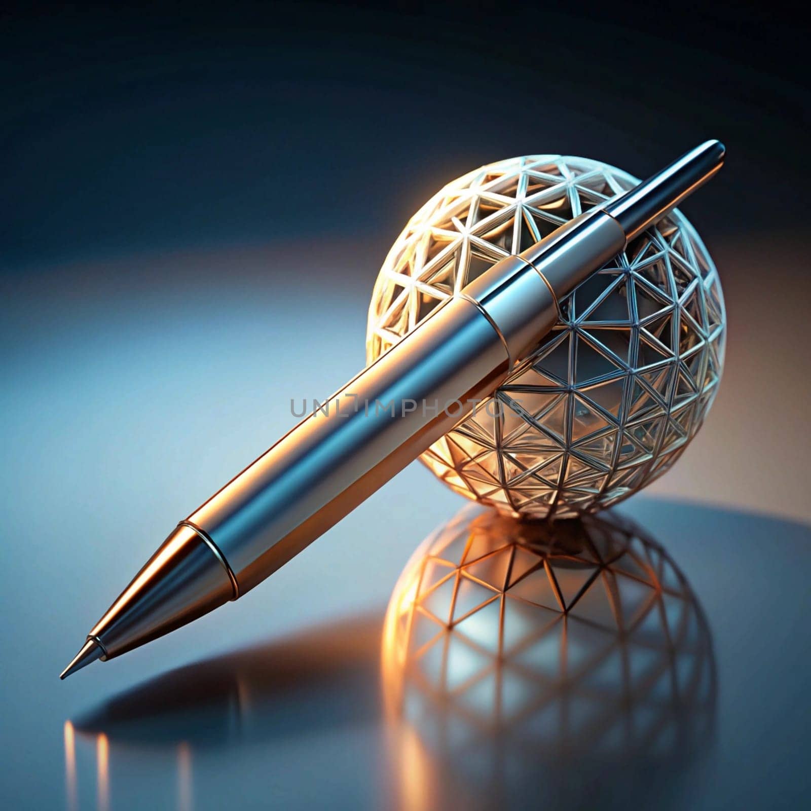 A golden pen is lying on a reflective surface next to a metallic, geometric sphere. The image symbolizes writing, creativity, and the power of ideas. High quality photo