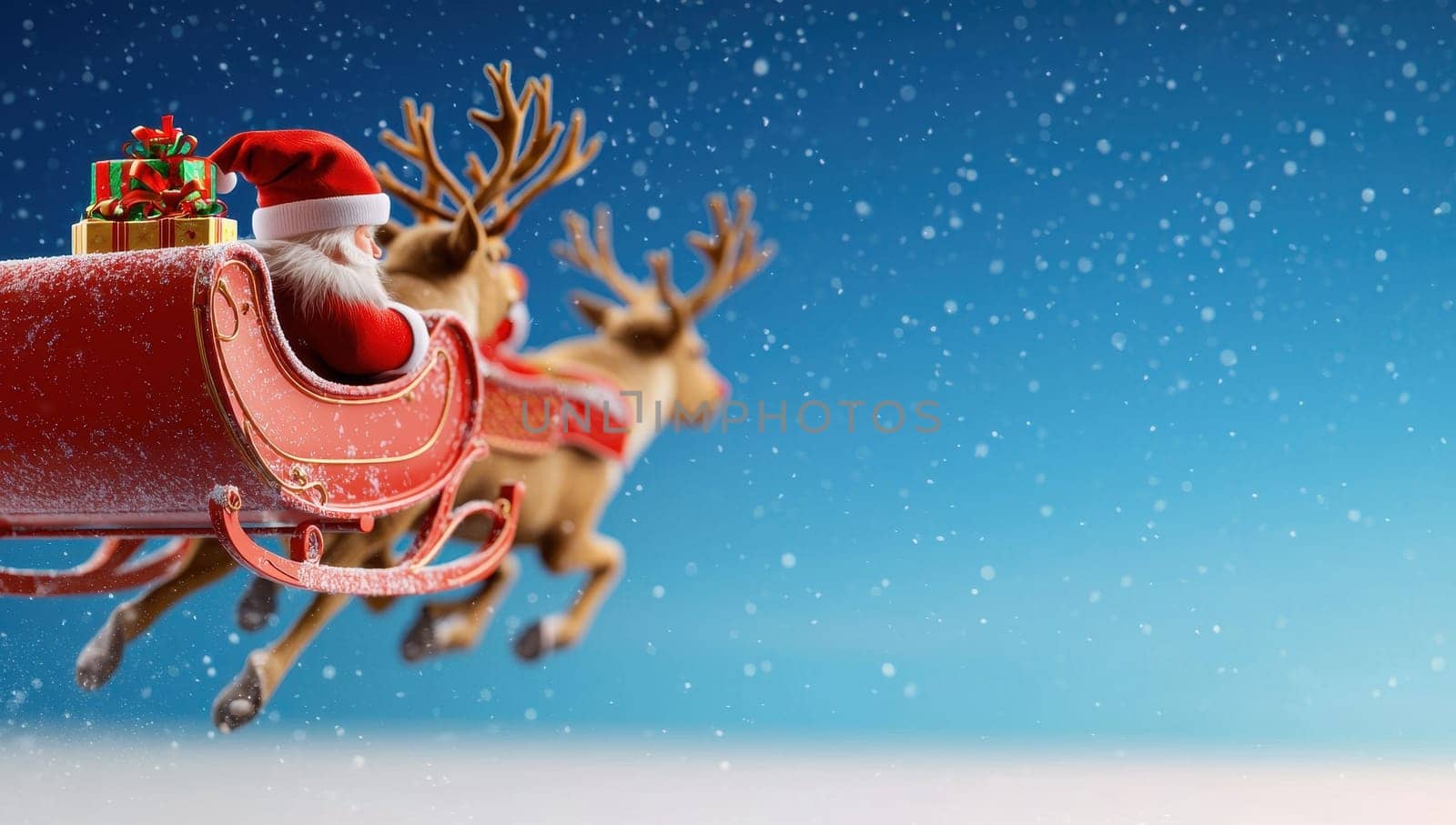 Santa Claus flying in sleigh with reindeer against snowy blue sky. Christmas Eve concept