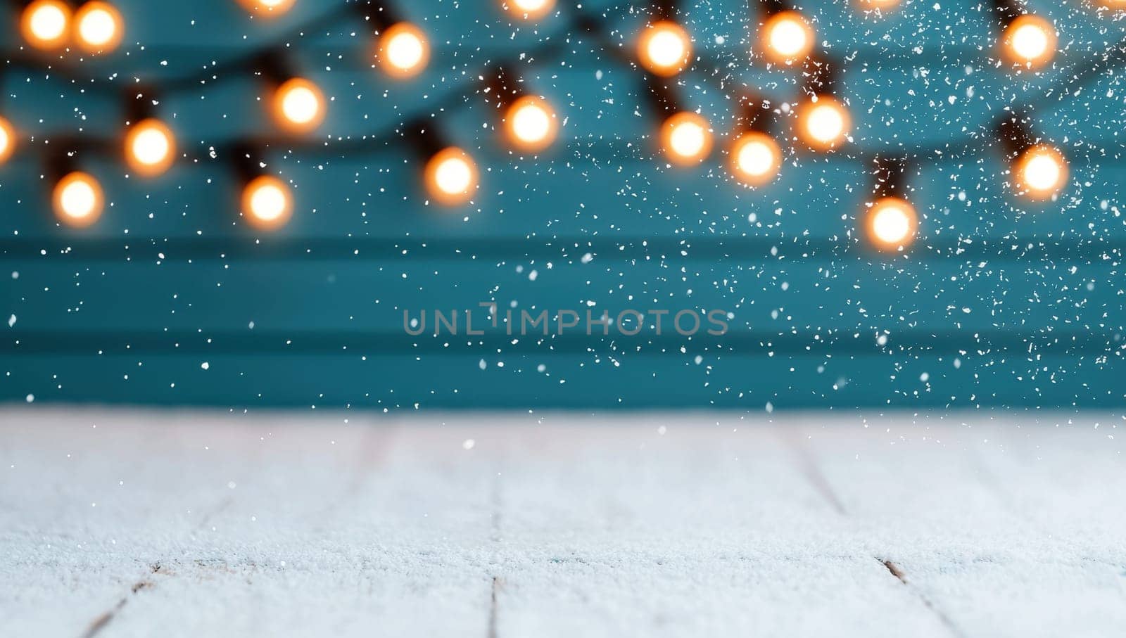 Snowy Christmas Lights Background, Festive White Wood Table with Twinkling Lights and Falling Snow