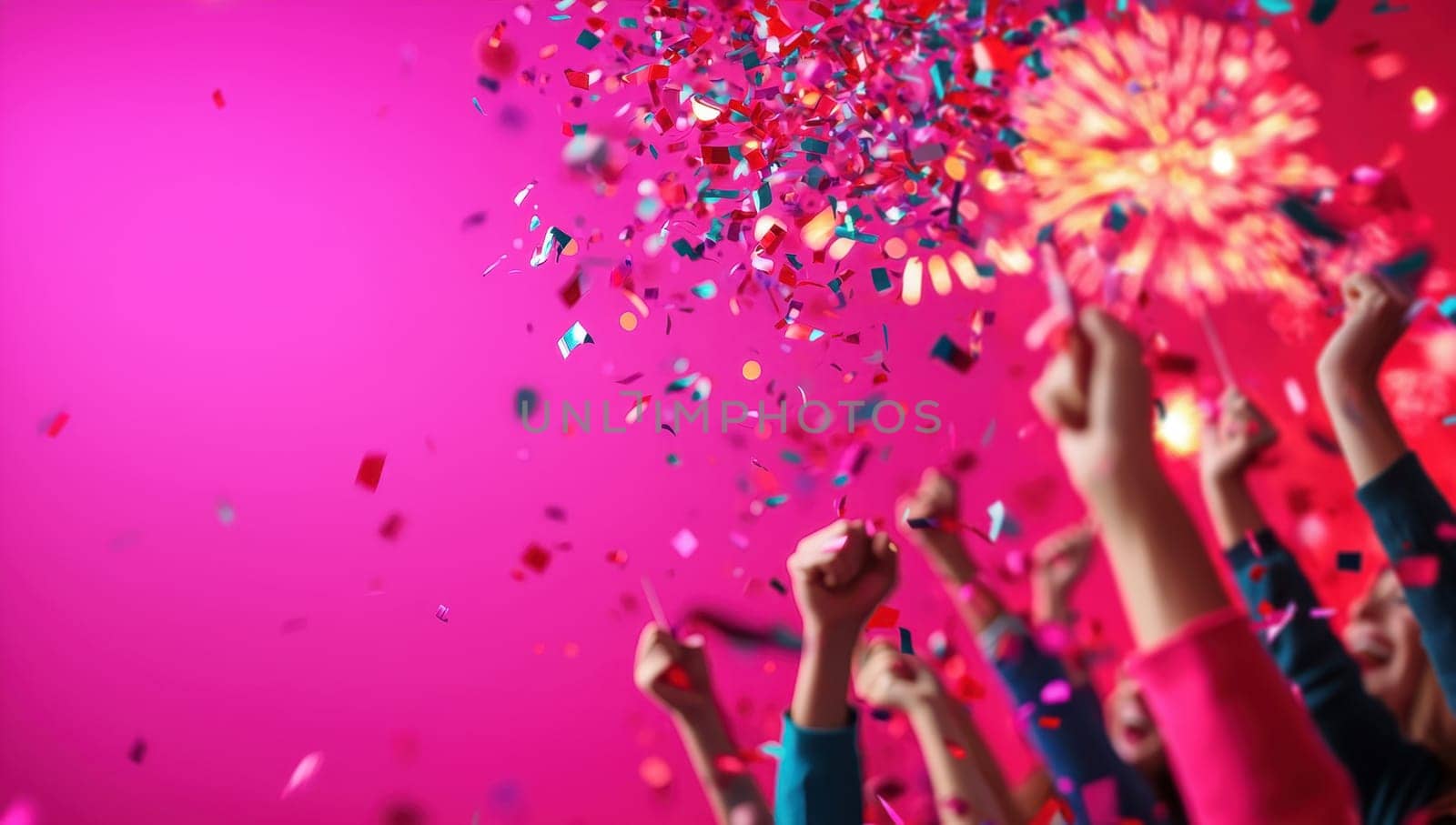 Celebrating with confetti and sparklers, Hands in the air at a vibrant party. Concept of new year, party