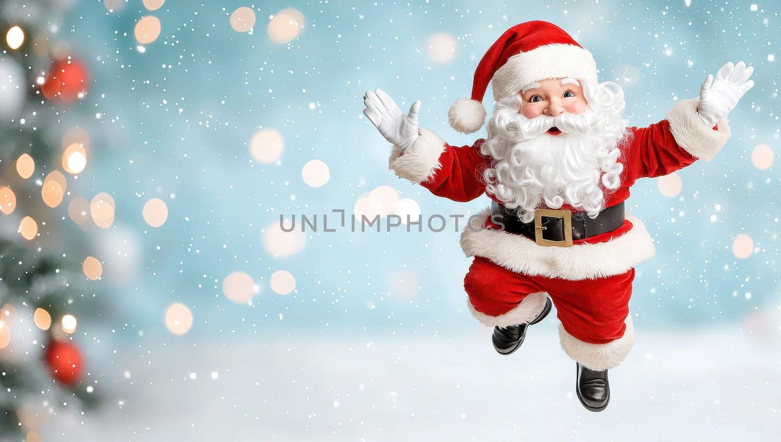 Joyful Santa Claus jumping with outstretched arms in snowy winter landscape with festive lights