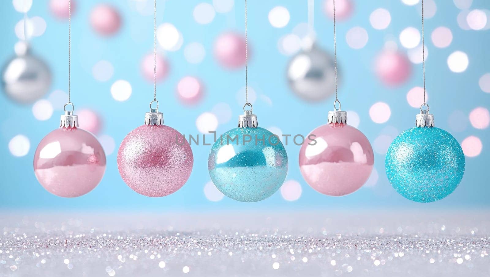 Pastel Christmas Ornaments on Sparkling Background, Blue and Pink Holiday Decoration