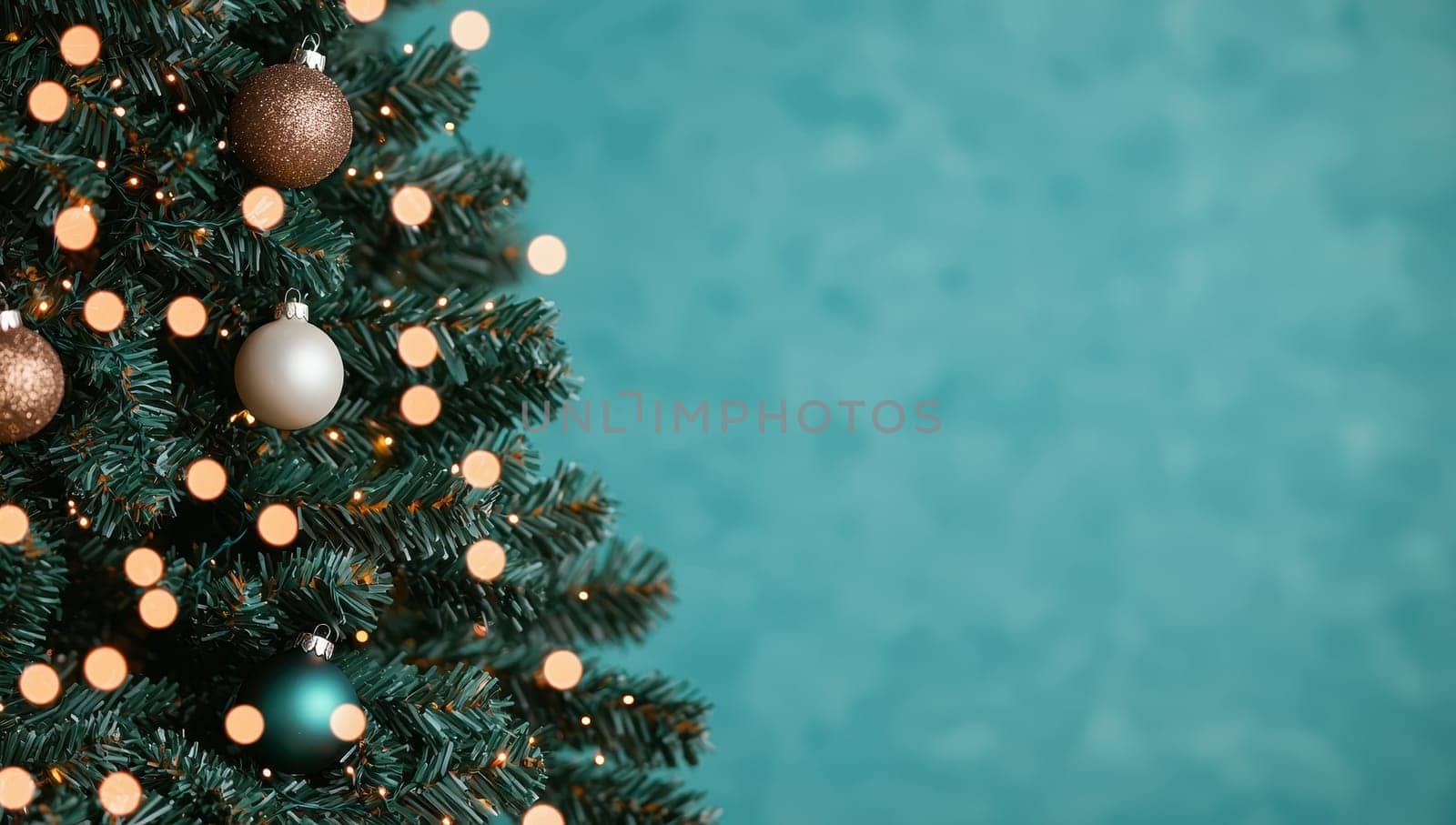 Decorated Christmas Tree on Teal Background, Festive Holiday Backdrop