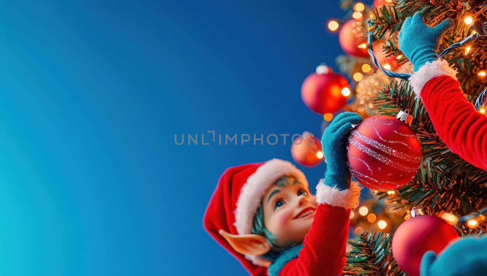 Christmas elf decorating a Christmas tree with ornaments. Festive holiday spirit and Christmas cheer.
