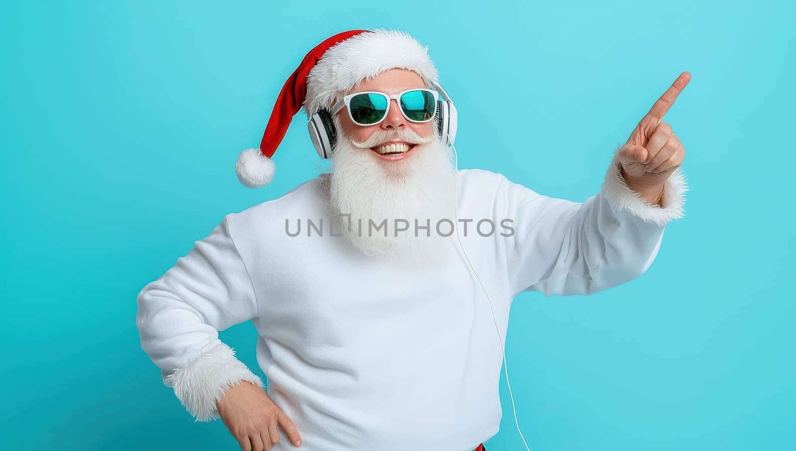 Cool Santa Claus listening to music with headphones and pointing up on blue background. Christmas and New Year celebration concept.