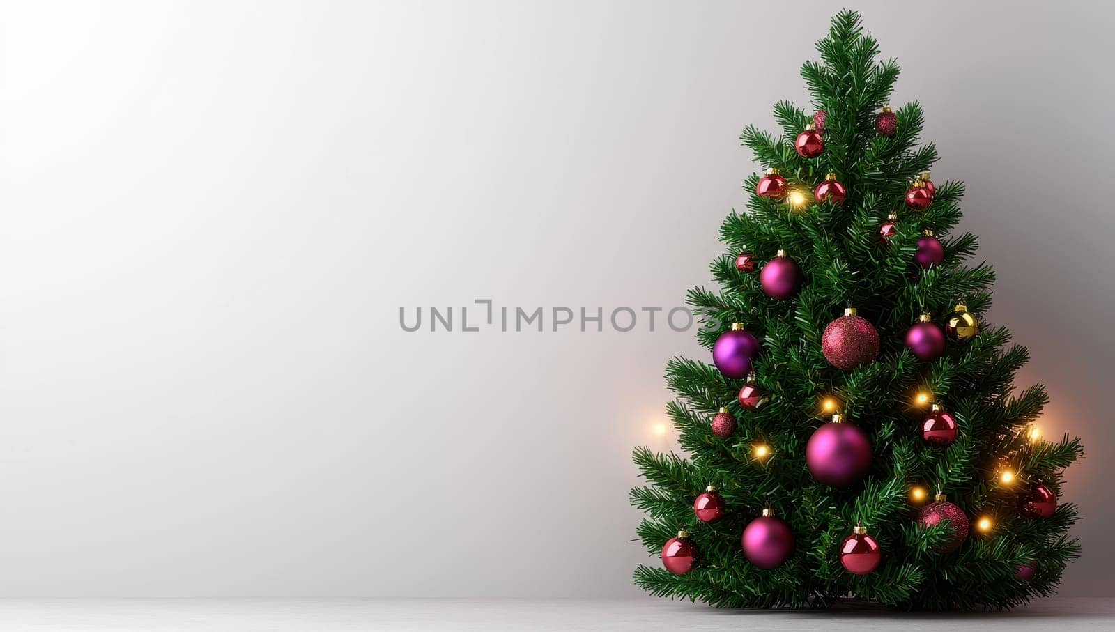 Christmas Tree with Ornaments and Lights on White Background