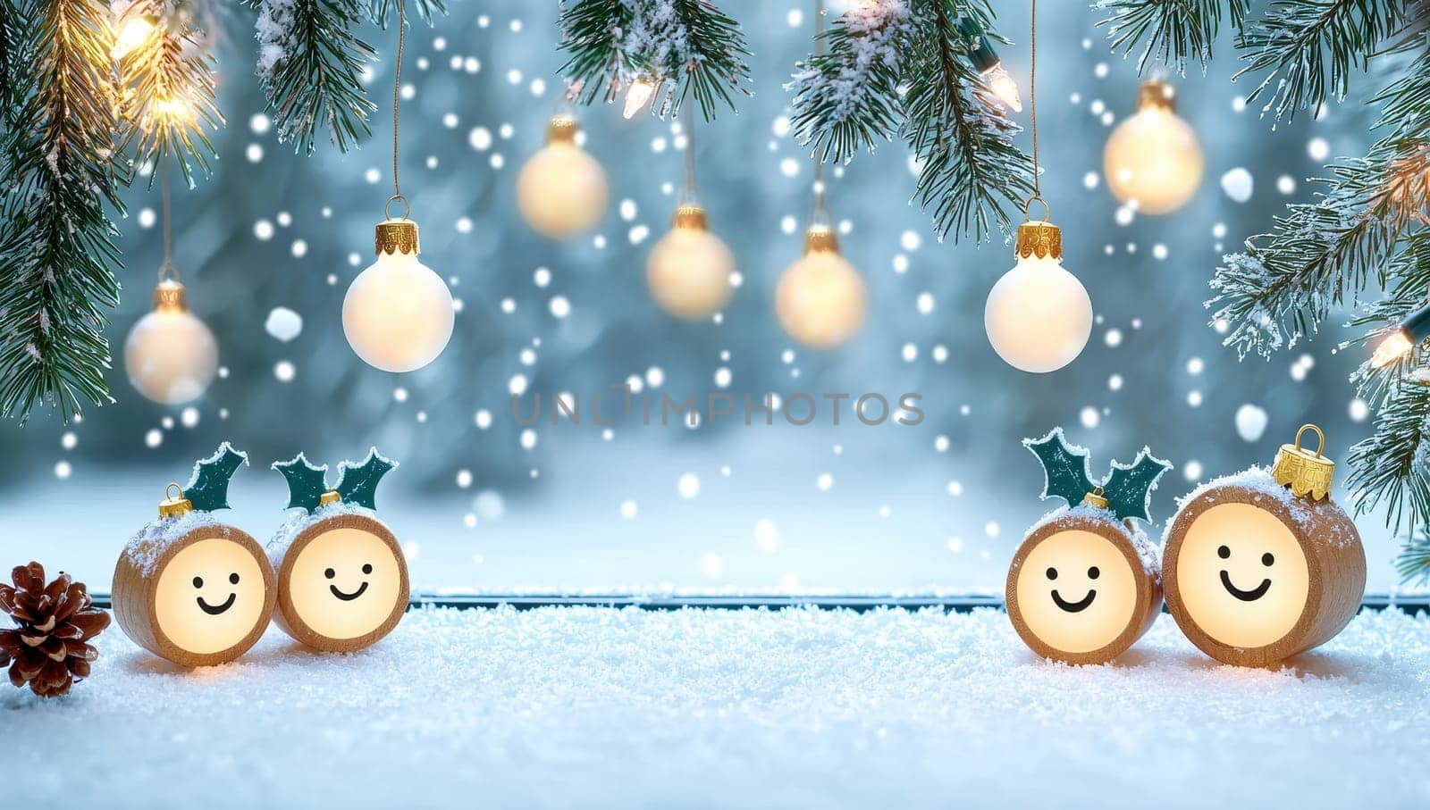 Smiling Christmas ornaments on snowy windowsill with festive lights and falling snow. Holiday cheer, winter wonderland concept.