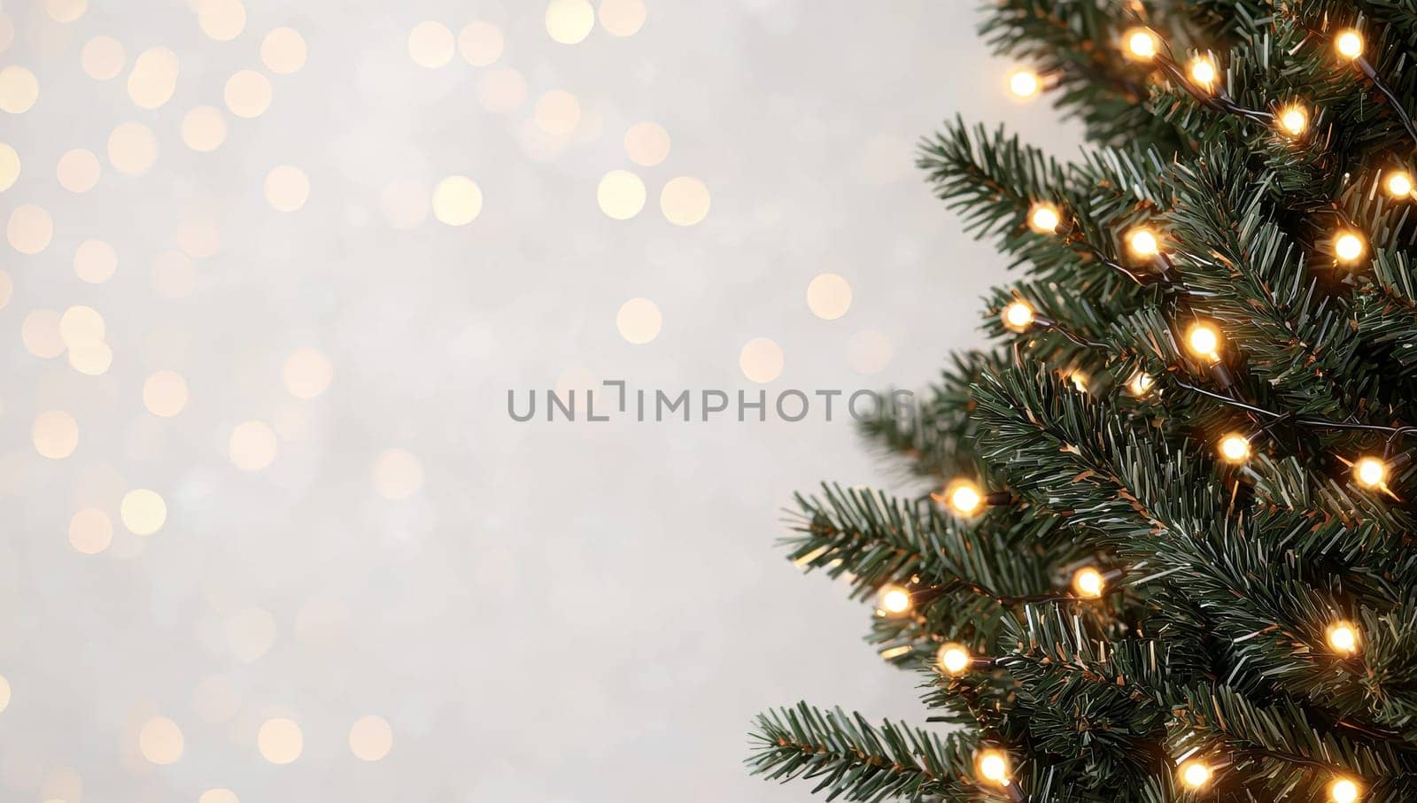 Christmas Tree Lights Twinkling on Silver Background. Festive Holiday Concept