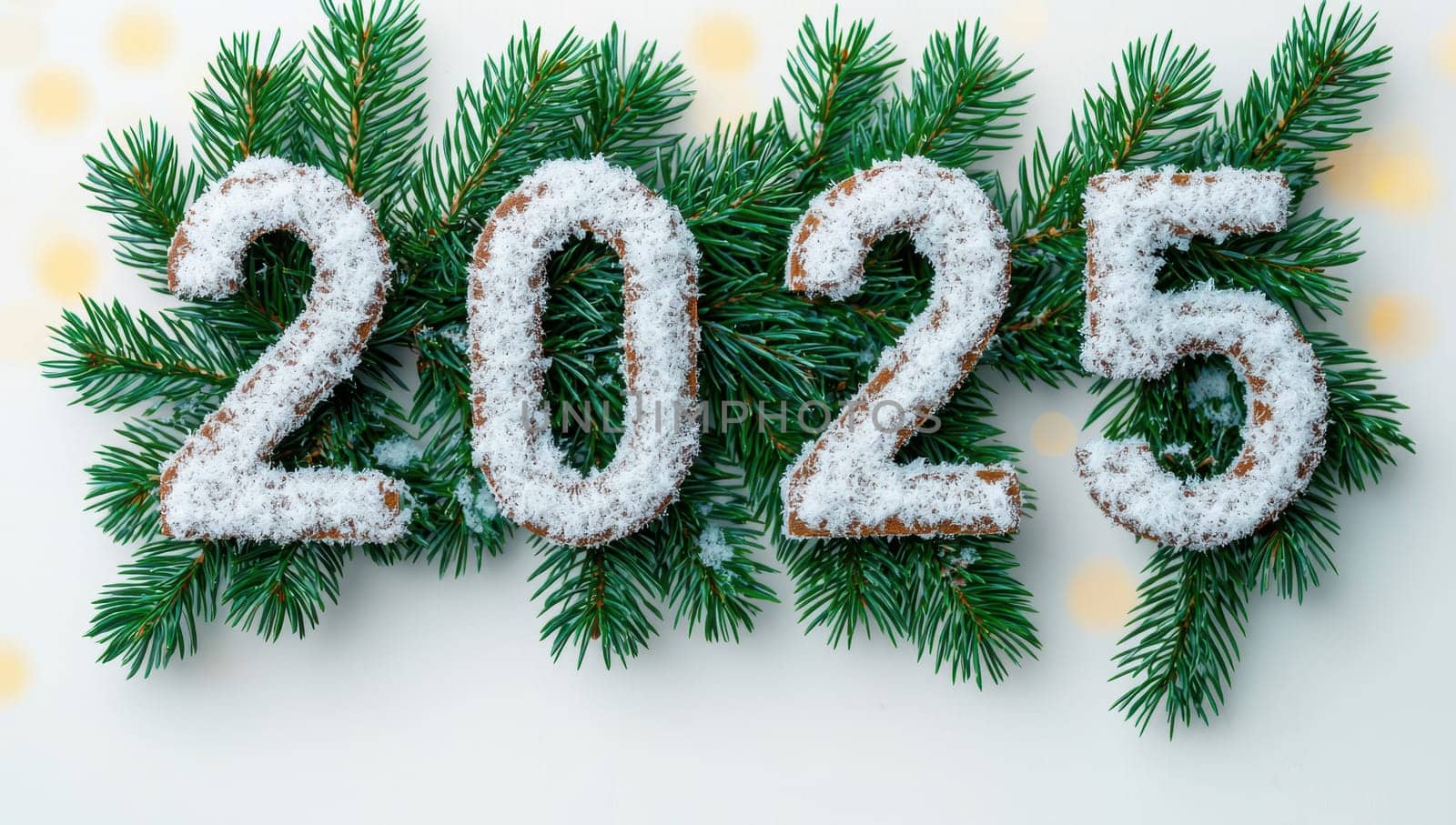 Happy New Year 2025. Gingerbread Numbers on Fir Branches
