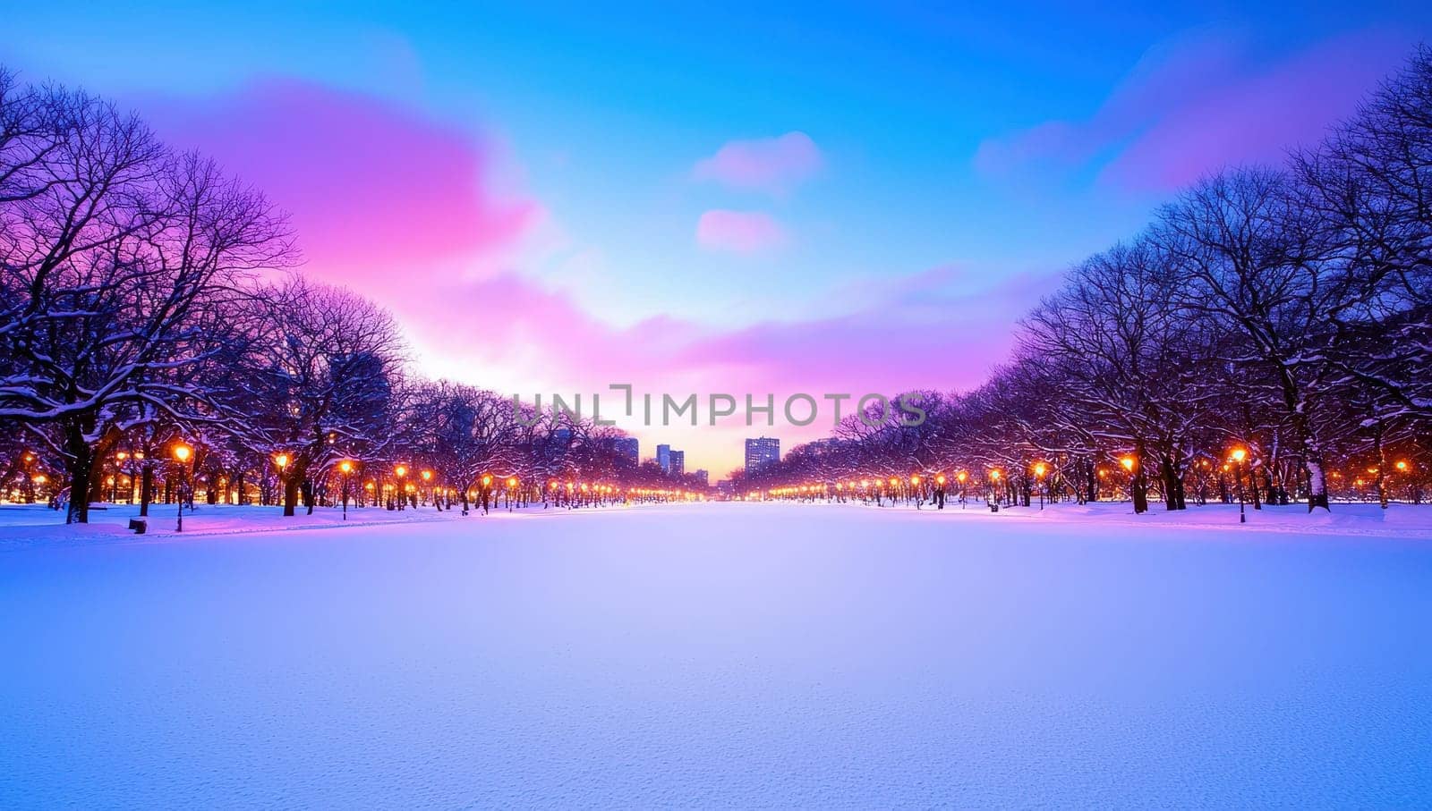 Snowy City Park at Twilight, A picturesque winter scene with illuminated trees and snow covered paths.