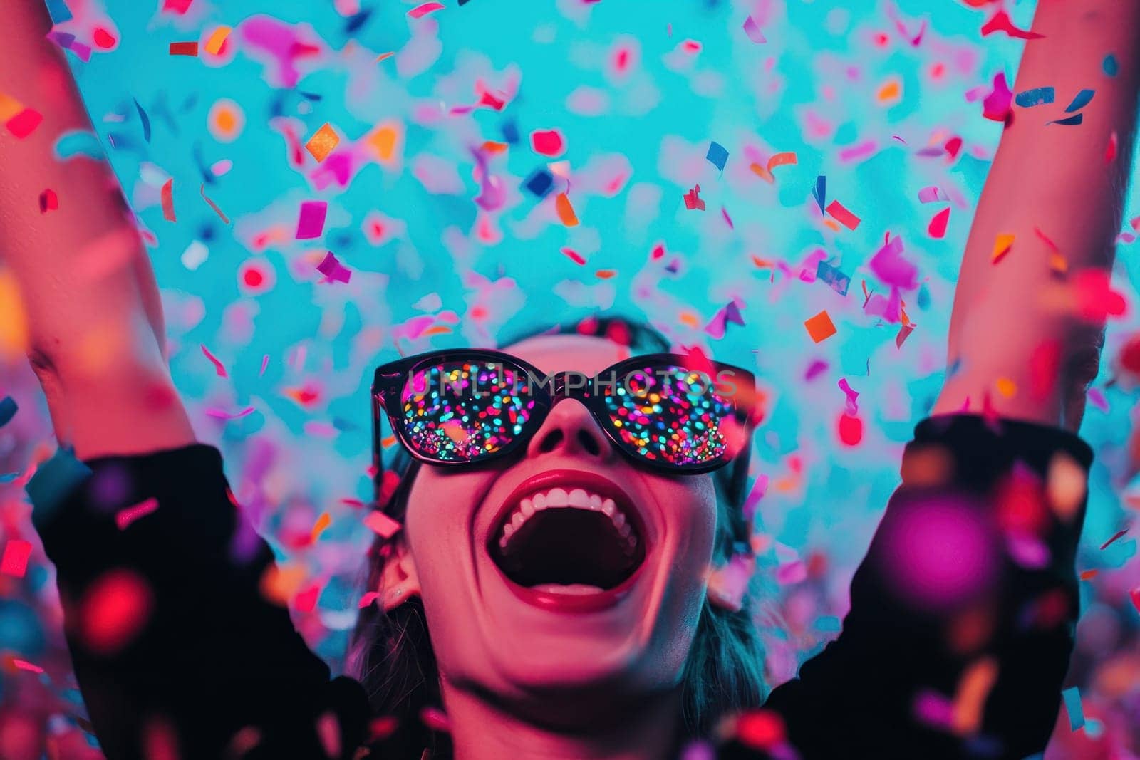 Euphoric Woman Celebrates with Confetti Explosion. Concept of Party, Joy, Excitement, and new year.