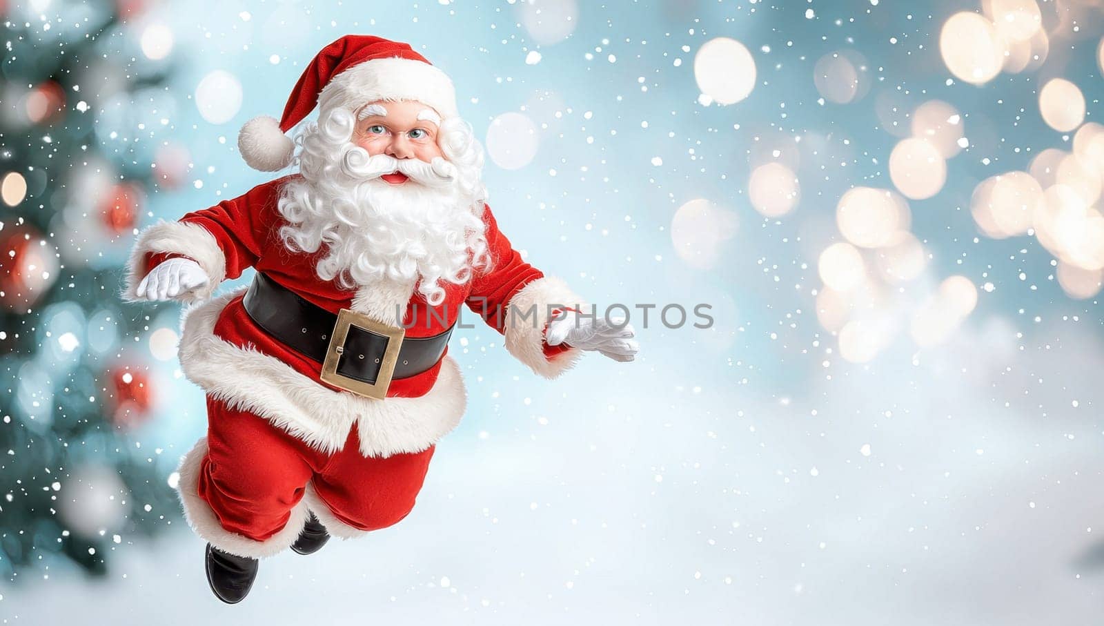 Flying Santa Claus on Christmas background with snow and lights. Concept of Holiday cheer, magic, gifts, celebration