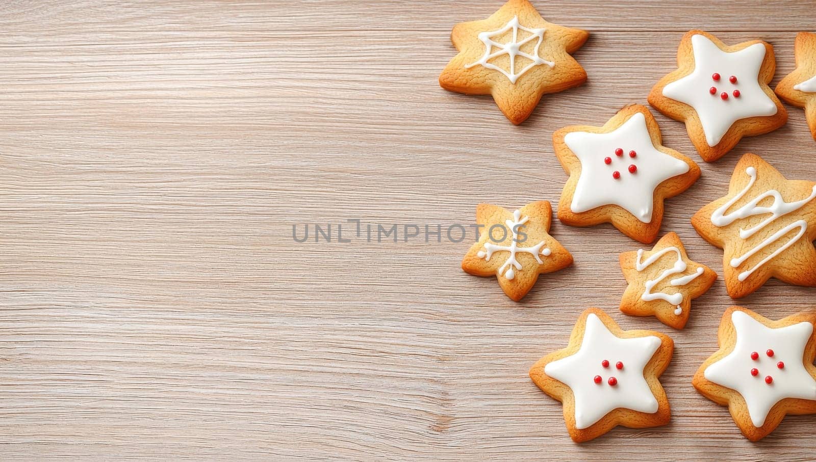 Christmas Star Cookies on Wood Background with Copy Space