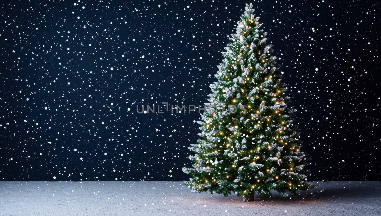Beautiful Christmas tree decorated with lights in a snowy winter scene
