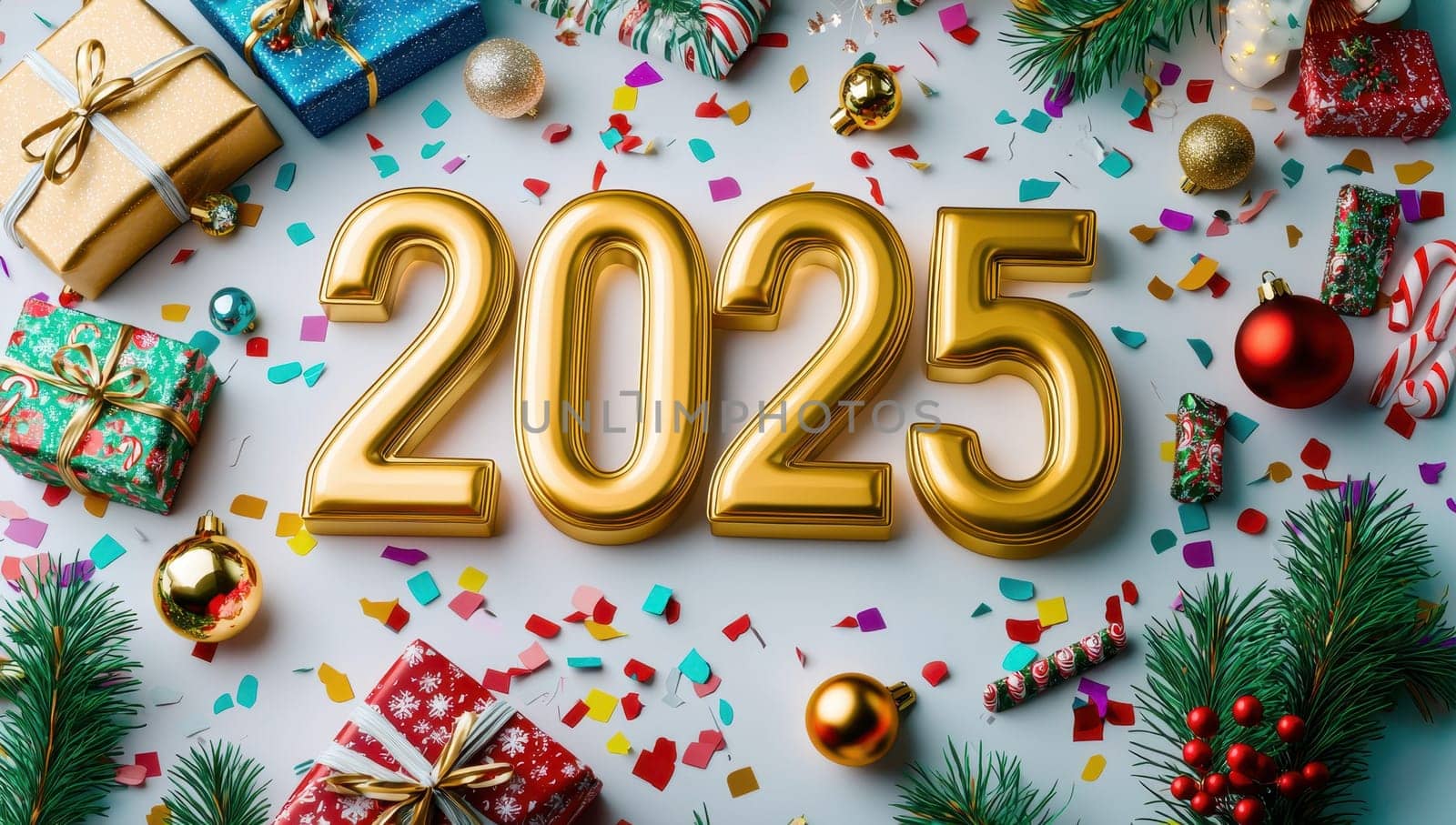 Festive New Year 2025 Celebration with Golden Numbers, Gifts, and Decorations