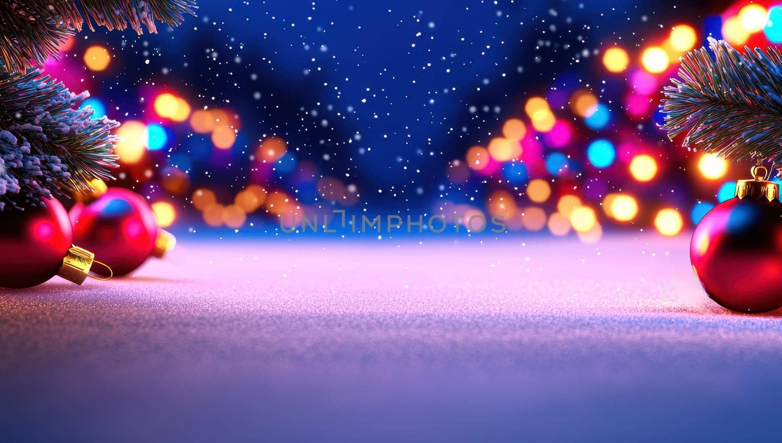 Magical Christmas Background, Snow, Ornaments, and Twinkling Lights
