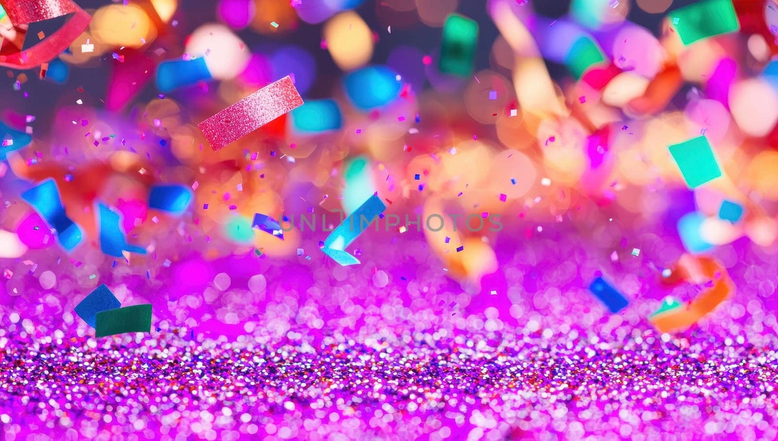 Colorful Confetti Falling on Sparkling Glitter, Festive Celebration Background. Concept of New Year.